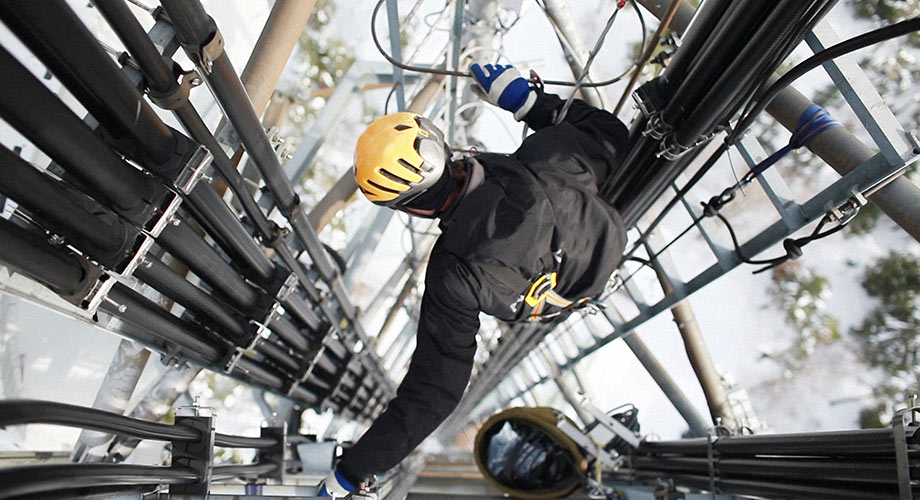 A man works at height